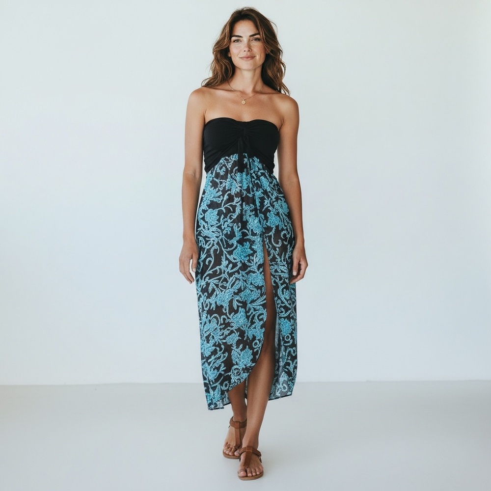 Gosunny Elegant‎ Strapless Black and Blue Print Boho Sun Dress
